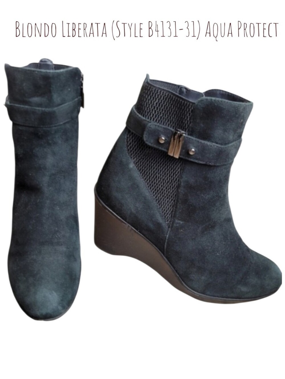Blondo Women's Black Suede Waterproof Liberata Wedge Ankle Boots Side Zip 7.5